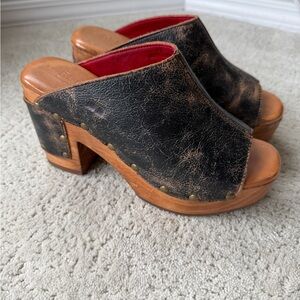 BED|STU Black Distressed Leather Platform Mules with Red Lining and Wood Heel